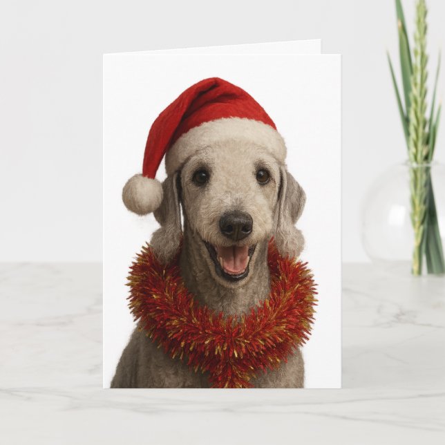 Tarjeta Bedlington Terrier in a Santa hat Christmas card (Anverso)