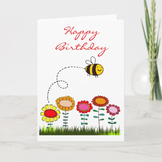 Tarjeta Bee Buzzing un cumpleaños en el jardín de flores (Anverso)