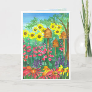 Tarjeta Bee Skep Watercolor Sunflowers Feliz Cumpleaños