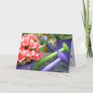 Tarjeta begonia rosa de cumpleaños en lata de agua morada
