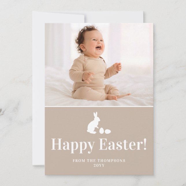 Tarjeta Beige And White Bunny With Custom Photo Easter (Anverso)