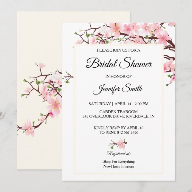 Tarjeta beige rosa rosa de la ducha de novia con f (Anverso / Reverso)