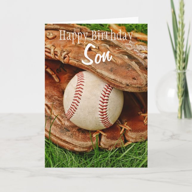 Tarjeta Béisbol del hijo del feliz cumpleaños con el mitón (Anverso)