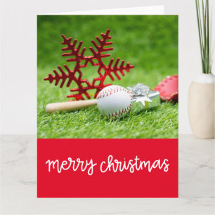 Tarjeta Béisbol Feliz Navidad con bola y copo de nieve