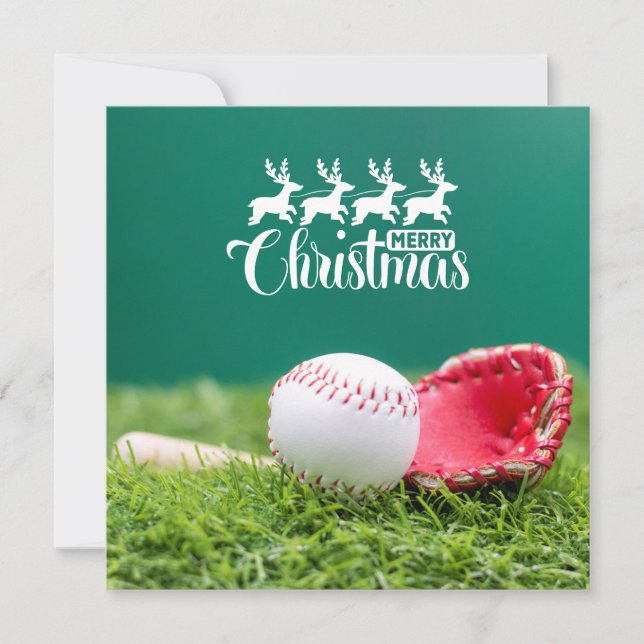 Tarjeta Béisbol Feliz Navidad con regalos sobre césped ver (Anverso)