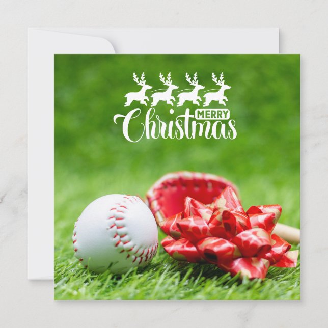 Tarjeta Béisbol Feliz Navidad con regalos sobre césped ver (Anverso)