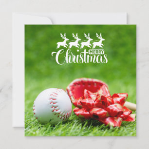 Tarjeta Béisbol Feliz Navidad con regalos sobre césped ver