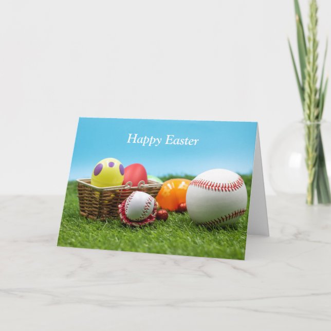 Tarjeta Béisbol Feliz Pascua con huevo en canasta sobre ve (Anverso)