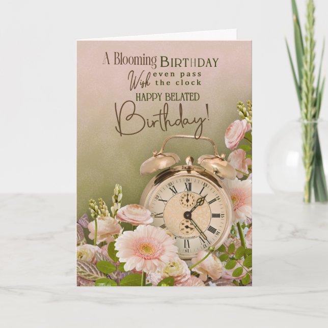Tarjeta Belated Birthday Floral Greeting Vintage Clock (Anverso)