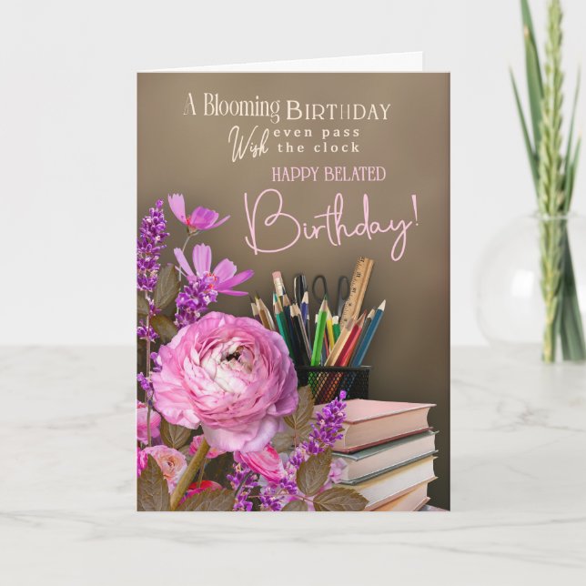 Tarjeta Belated Tutor Birthday – Pink Roses & Study Theme (Anverso)