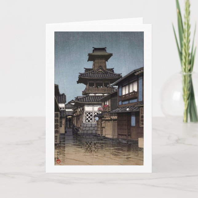 Tarjeta Belfry en Okayama, Hasui Kawase, Woodcut (Anverso)