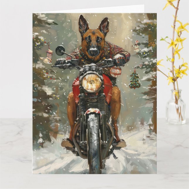 Tarjeta Belga Malinoi Viaje en Motocicleta Navidad (flor amarilla)