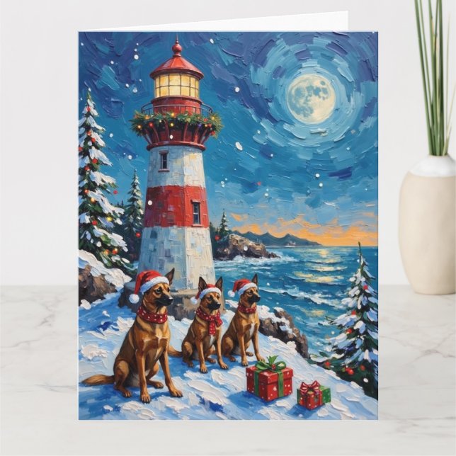 Tarjeta Belgian Malinois Christmas Lighthouse Holiday (Anverso)