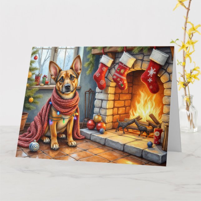 Tarjeta Belgian Malinois Fireplace with Christmas Lights (flor amarilla)