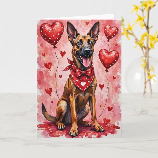 Tarjeta Belgian Malinois Valentine’s Day Dog with Hearts (flor amarilla)