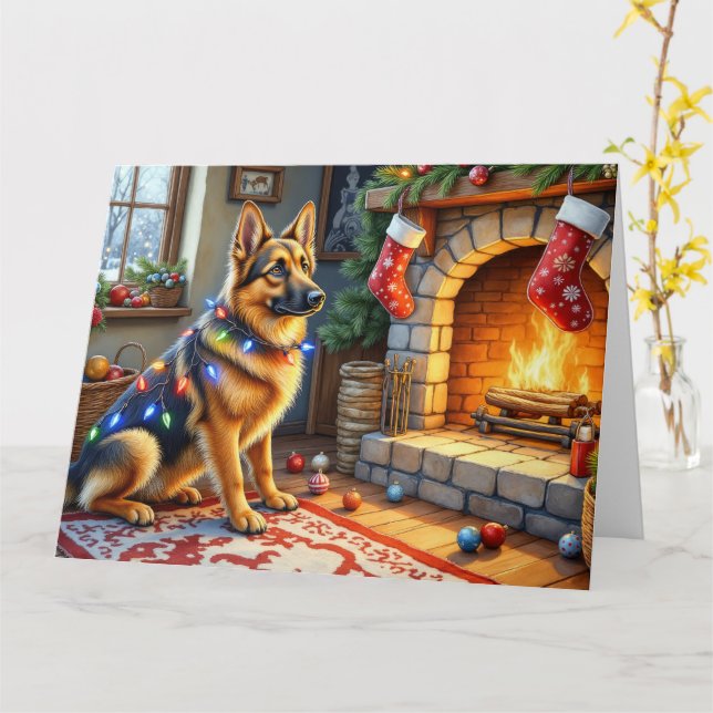 Tarjeta Belgian Shepherd Fireplace with Christmas Lights (flor amarilla)