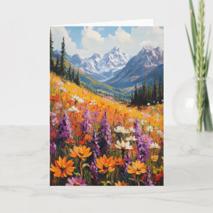Tarjeta Bella Artes de flores silvestres y montañas escéni