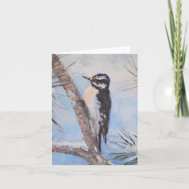 Tarjeta Bella Artes de pájaro carpintero de invierno en to (Anverso)