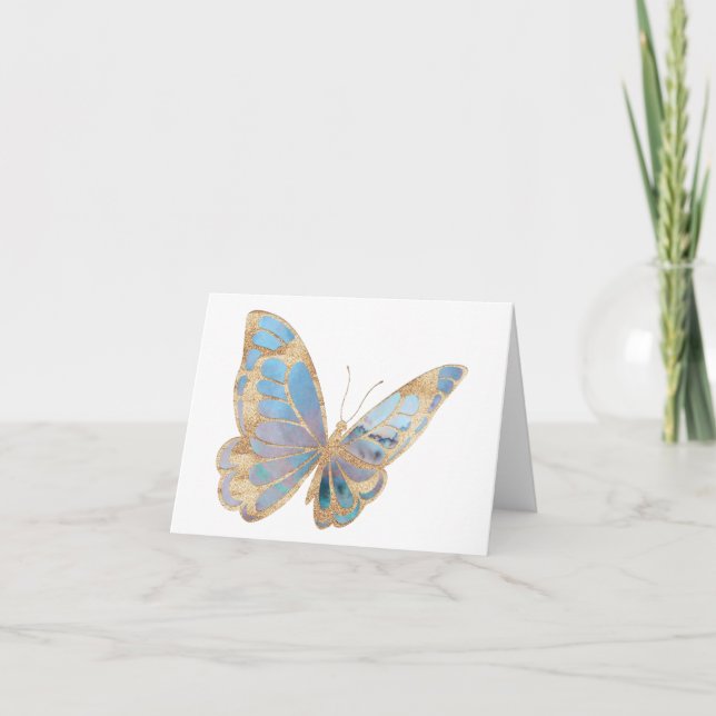 Tarjeta Bella mariposa azul, púrpura y plateada BLANCO (Anverso)