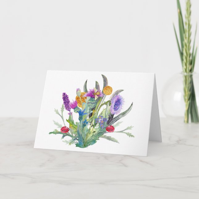 Tarjeta Bellas Flores Silvestres y Mariquitas al Acuarela (Anverso)