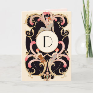 TARJETA BELLEZA ART DÉCO MODA PIEDRA PRECIOSA ROJA MONOGRA