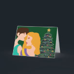 Tarjeta Belleza del arte de la pareja de lesbianas en árbo<br><div class="desc">Hermosa tarjeta navideña con una pareja romántica lesbiana. Dos mujeres homosexuales se abrazan en un abrazo amoroso frente a un árbol de Navidad festivo con una tarjeta verde de bonito para tus amigos LGBT.</div>