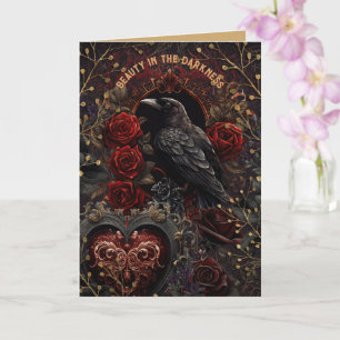 Tarjeta Belleza Gótica de Pájaro Negro en Rosas Rojas de l