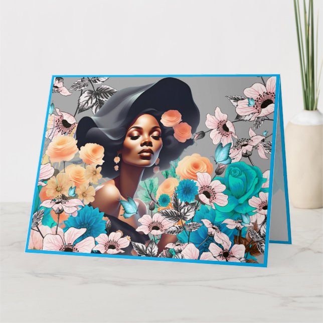 TARJETA BELLEZA NEGRA MUJER GREYTONES FLORES MARIPOSAS (Anverso)