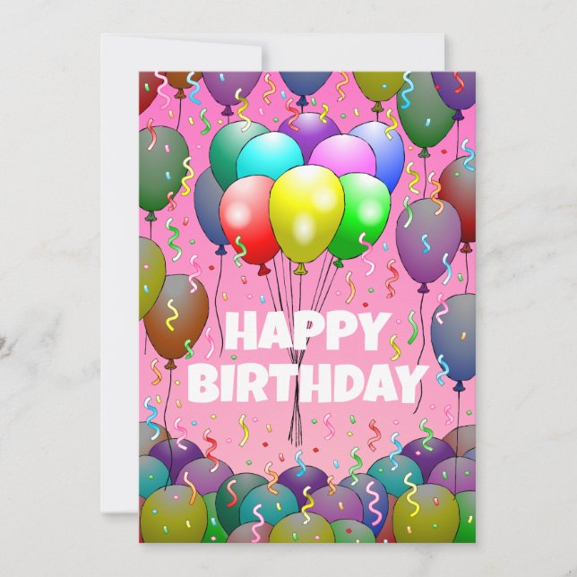 Tarjeta Bellos globos de cumpleaños y Confetti (Anverso)