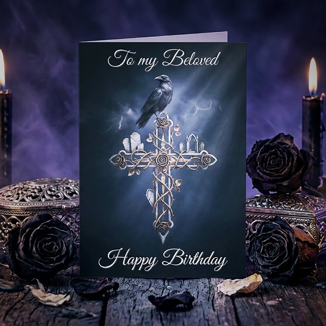 Tarjeta Beloved Personalized Gothic Cross Raven Birthday (Subido por el creador)