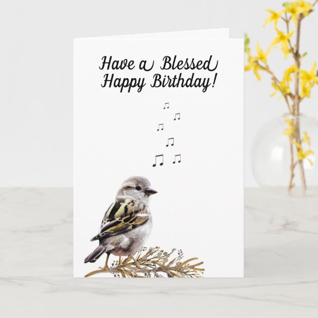 Tarjeta Bendecida Feliz Cumpleaños Saludo de Pájaro Cantan (flor amarilla)