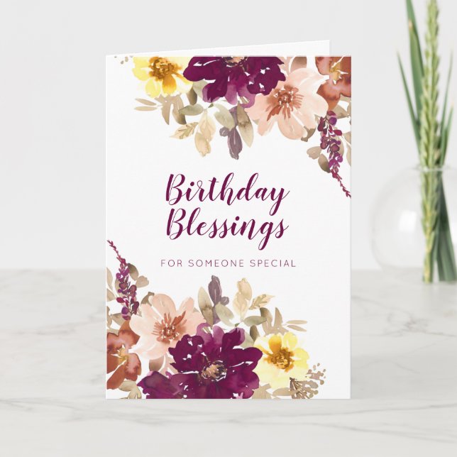 Tarjeta Bendición de cumpleaños Floral acuarela de Plum (Anverso)