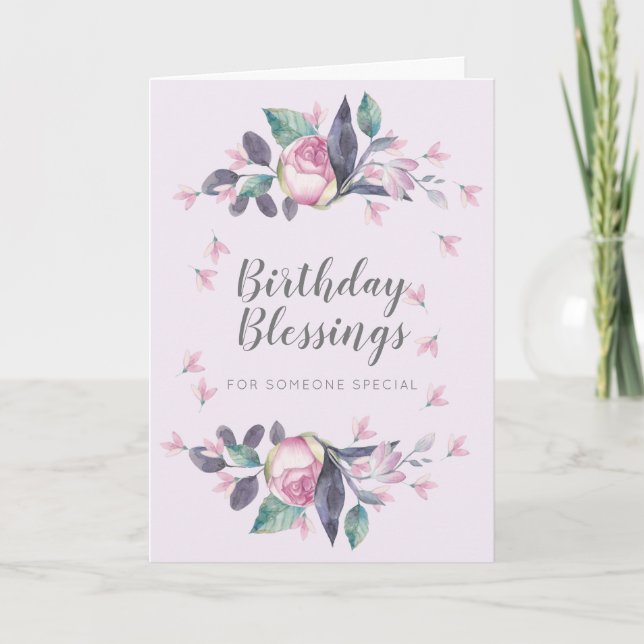 Tarjeta Bendición de cumpleaños Floral acuarela rosa (Anverso)