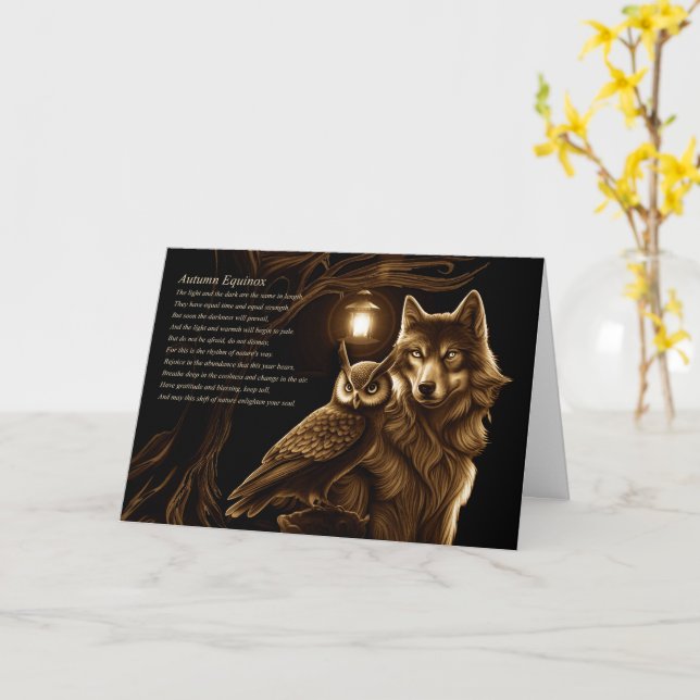 Tarjeta Bendición del Equilibrio de Otoño Búho y Lobo (flor amarilla)