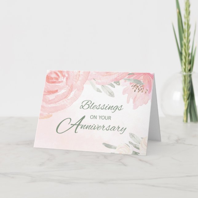 Tarjeta Bendiciones de aniversario de bodas con rosas rosa (Anverso)