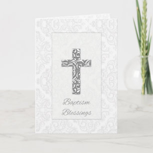Tarjeta Bendiciones de Bautizo Cruz de Gris y Plata