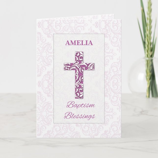 Tarjeta Bendiciones de Bautizo para Niña Cruces de Damasco (Anverso)