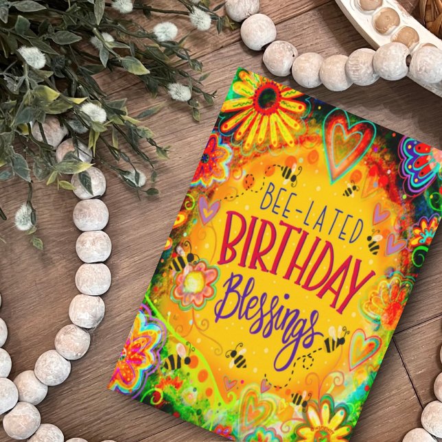 Tarjeta Bendiciones de cumpleaños de Abeja amarilla con fl (Subido por el creador)