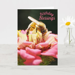 Tarjeta Bendiciones de Cumpleaños Honeybee en Flor de Zinn