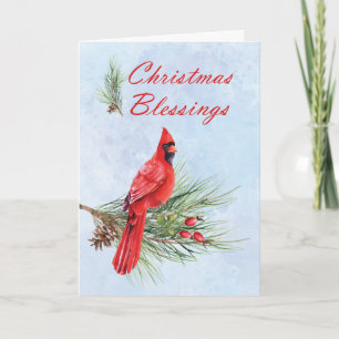 Tarjeta Bendiciones de Navidad Cardenal Rojo en Rama de Pi