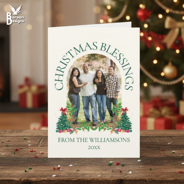Tarjeta BENDICIONES DE NAVIDAD Foto Familiar (Festive Family photo Christmas card with customizable photo and text. Ideal card for Christians)