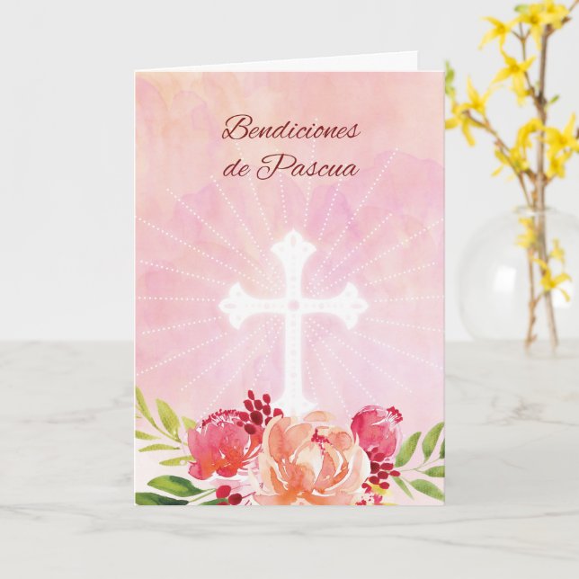 Tarjeta Bendiciones de Pascua en español Flores rosadas wi (flor amarilla)