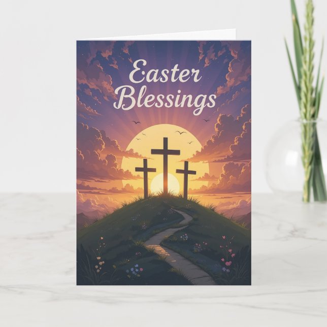 Tarjeta Bendiciones de Pascua Tres Cruzan Atardecer Púrpur (Anverso)