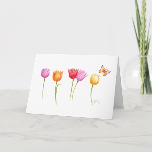 Tarjeta Bendiciones de primavera de mariposa de tulipanes  (Anverso)