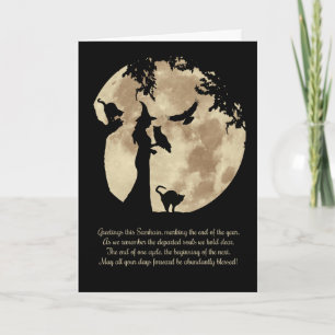 Tarjeta Bendiciones de Samhain con brujas y animales