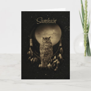 Tarjeta Bendiciones de Samhain con búho y cazador de sueño