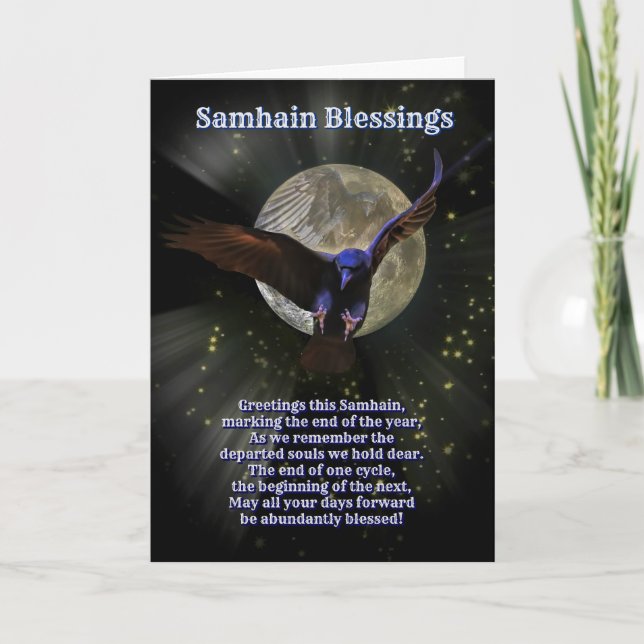 Tarjeta Bendiciones de Samhain con Cuervo o Grajo y Luna (Anverso)