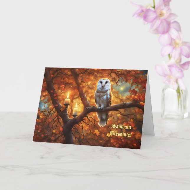 Tarjeta Bendiciones de Samhain con hojas de otoño místicas (Orquídea)