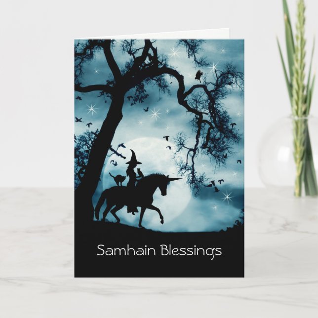 Tarjeta Bendiciones de Samhain inspiradas en Wicca con uni (Anverso)