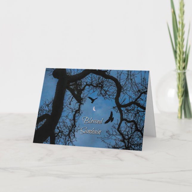 Tarjeta Bendiciones de Samhain, Raven, Luna de Crescent y  (Anverso)